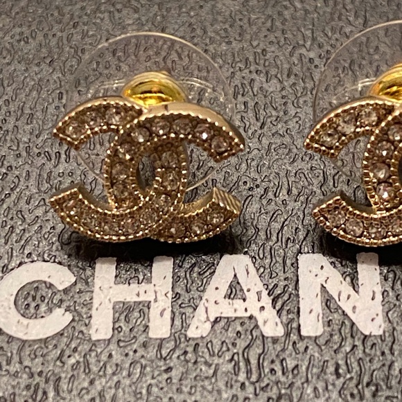 Chanel Gold Metal and Silver Crystal Mini Tiny Classic Stud Earrings - Picture 5 of 10